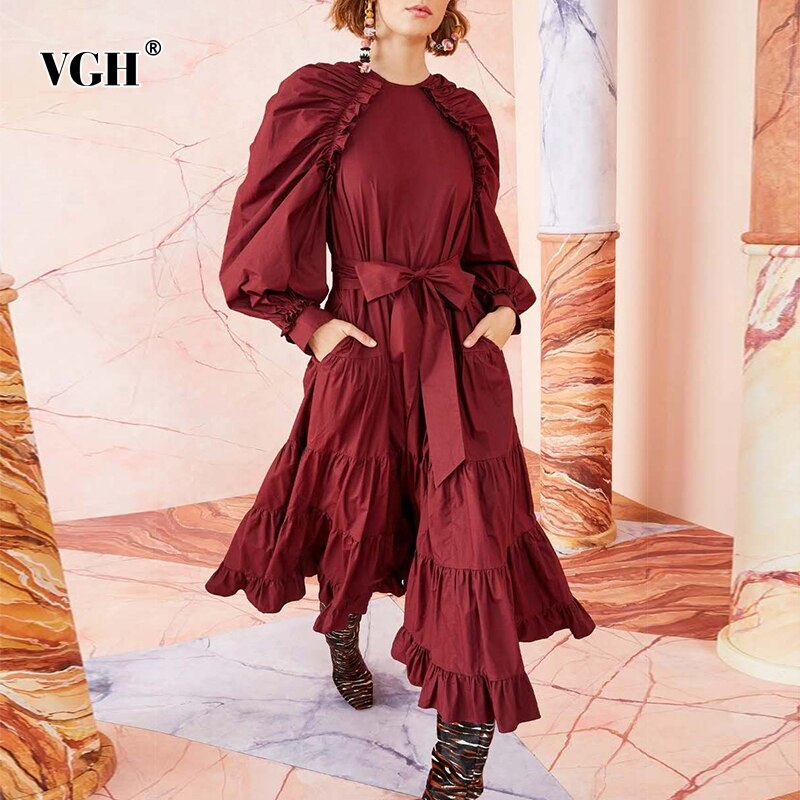 VGH Elegante Geraffte Kleid Für Frauen O Hals Laterne Hülse Hohe Taille Mit Schärpen Midi- Schwarz Kleider Weibliche Neue kleidung