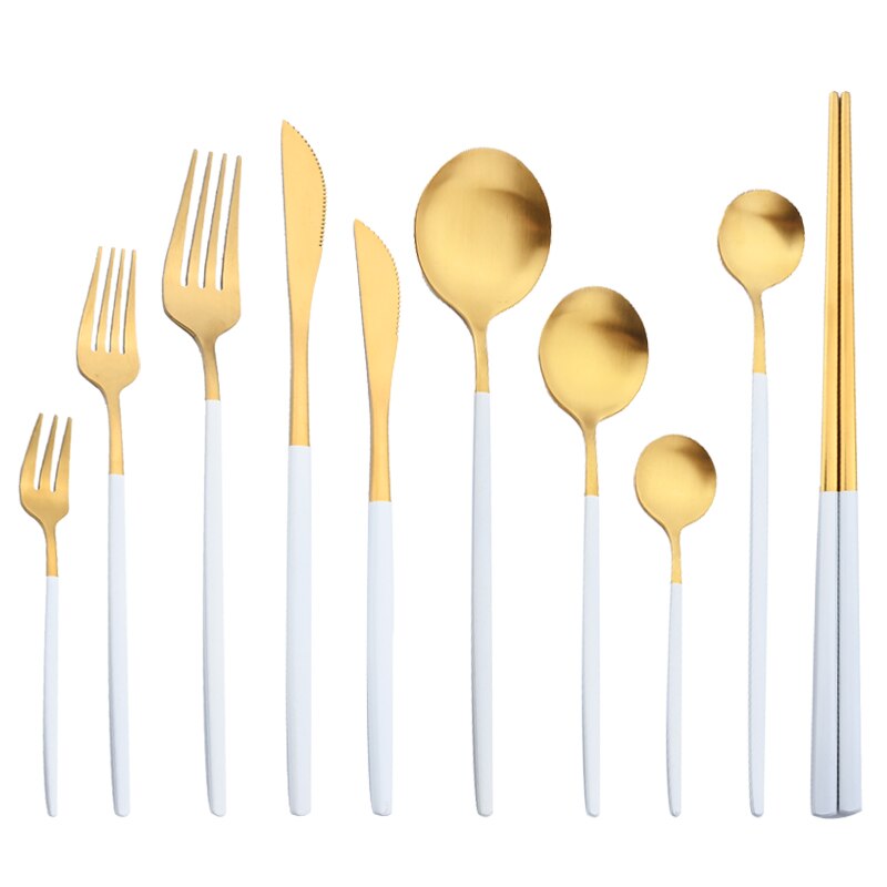 6Pcs Bestekset Rvs Zilverwerk Mes Vork Thee Lepel Servies Wit Goud Servies Bestek Keuken Diner Set