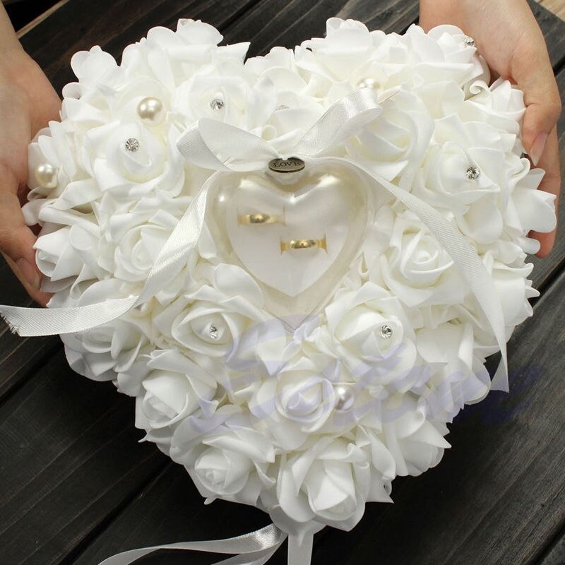 Bruiloft Engagement Ceremonie Ivory Satin Crystal Bloem Ringkussen Kussen Ring-Kussen: Default Title