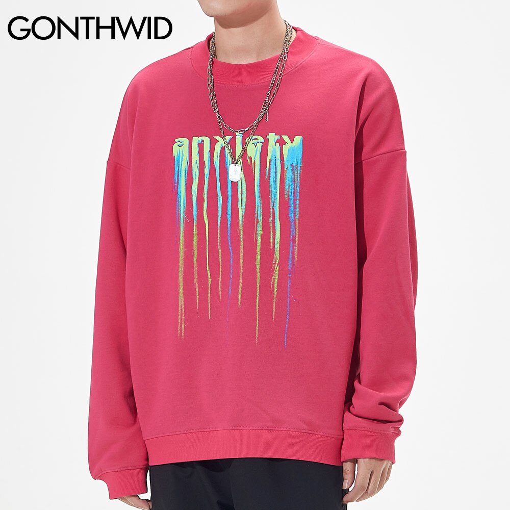 Gonthwid Creatieve Angst Print Sweatshirt Hoodies Heren Hip Hop Harajuku Casual Losse Capuchon Tops Heren Uitloper