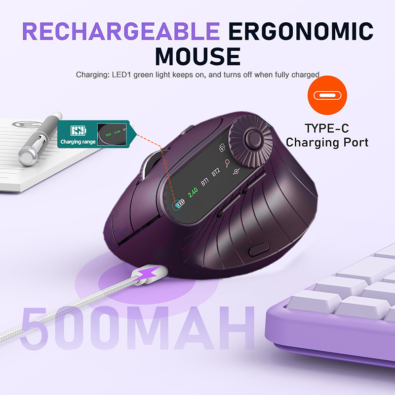 Jomaa BT5.0 Wireless Vertical Mouse With Function Adjustment Knob 8 Buttons Rechargeable Ergonomic Mice for Win/IOS/Android