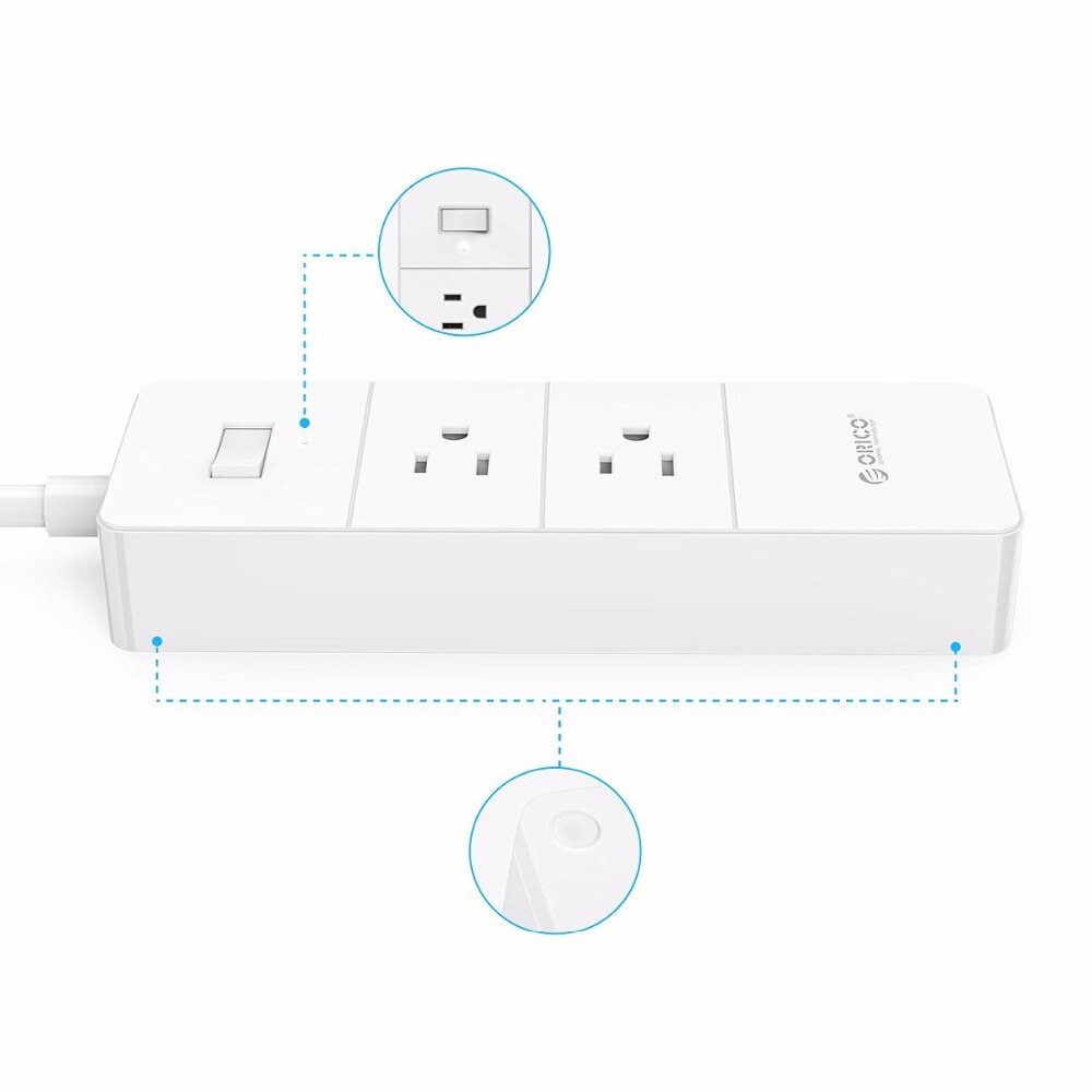 Orico Power Strip - 2 AC Outlets + 4 USB Ports - 1.5m Cable - Surge Protector - White ABS