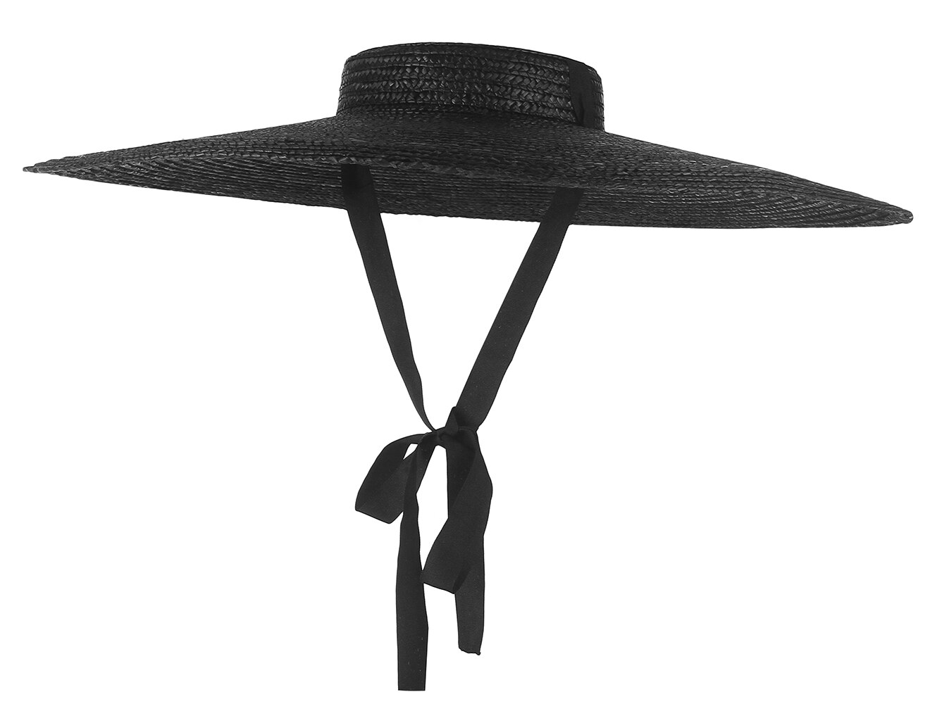 GEMVIE Black Wide Brim Chinese Hat Straw Hat Summer Hats For Women Ribbon Beach Cap Boater Fashionable Sun Hat With Chin Strap