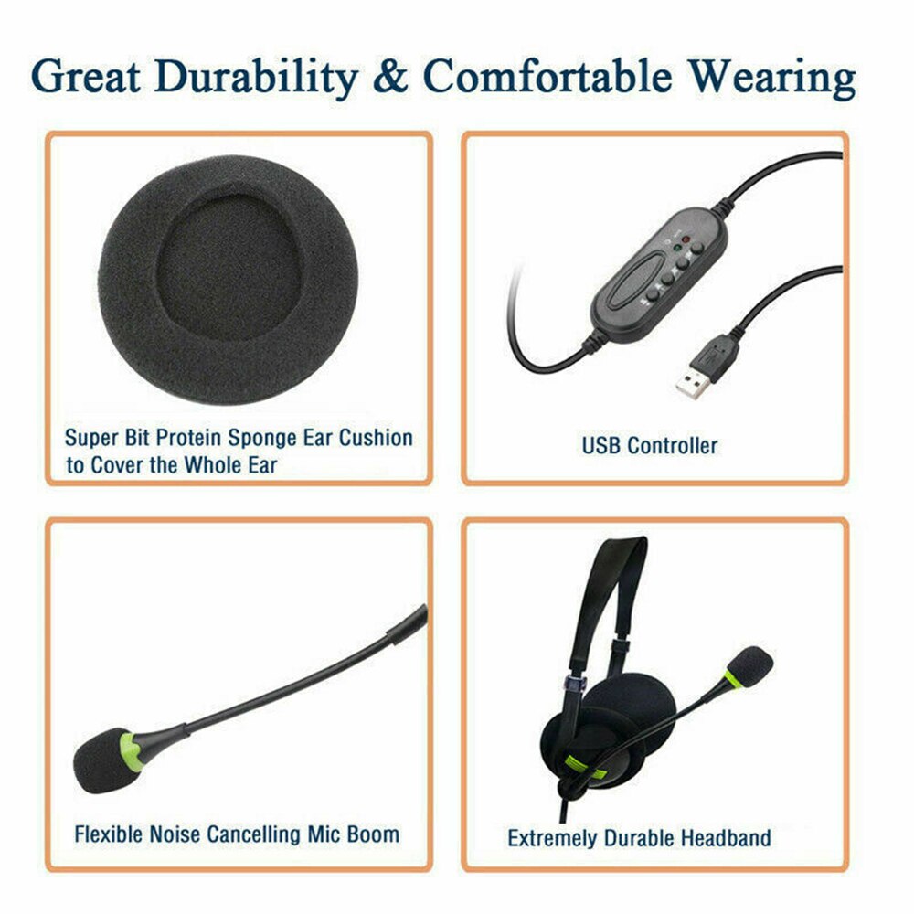Wired Headset USB Headphone Noise Cancelling Earphone Adjustable with Microphone for PC Laptop Call Center Over-ear 3D Surround
