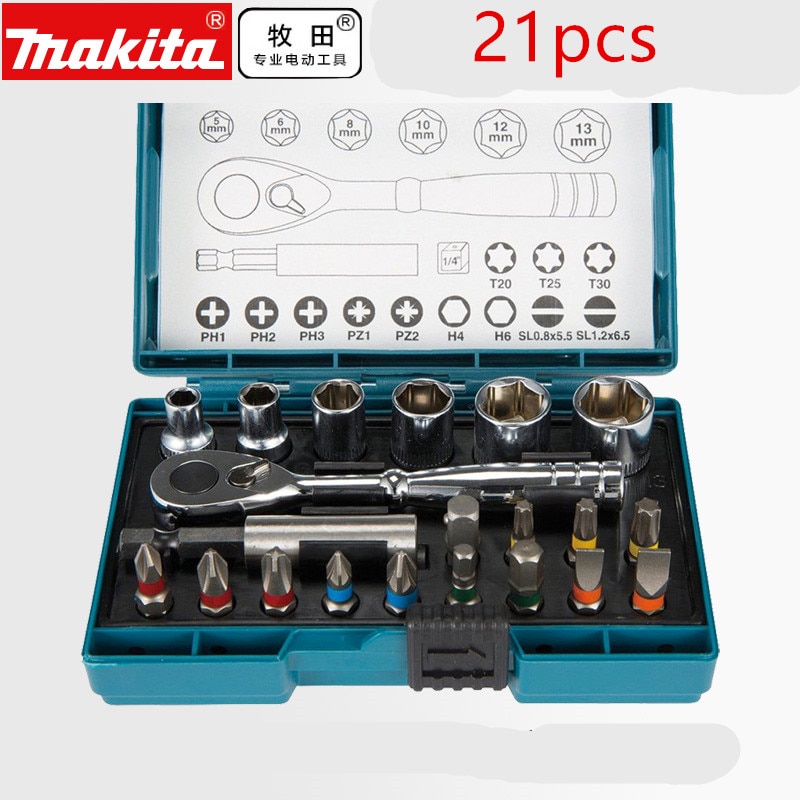 Makita b -54081 skralle og bitsett 21 stk diy sterk skrutrekker mekaniker sett autoclear c / matraca og tilbehør