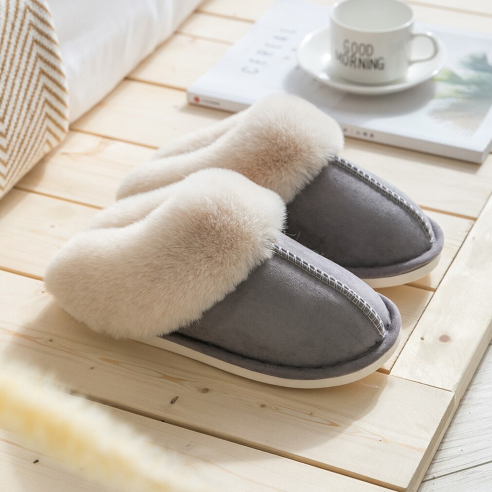 Nouvelles femmes fourrure maison pantoufles daim plat coton chaussures homme en peluche pantoufles Couple chambre diapositives fourrure intérieur chaussures: Light Gray / 6