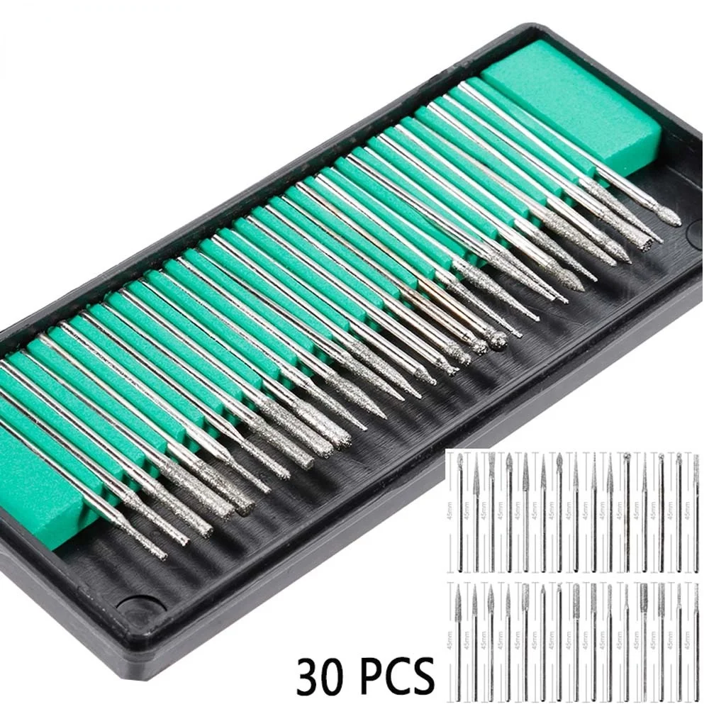 Juego de fresas de diamante con vástago de 30 Uds. De 3mm con caja para amoladora eléctrica Dremel, accesorios de herramientas eléctricas, herramientas abrasivas