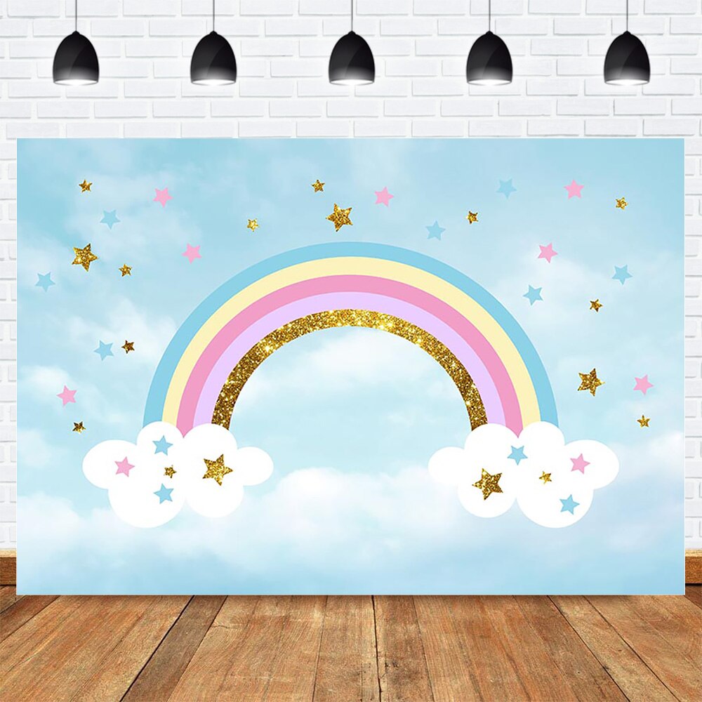 Rainbow Photography Backdrop for Photo Studio Blue Sky Cloud Children Birthday Party Dessert Table Background Rainbow Stars