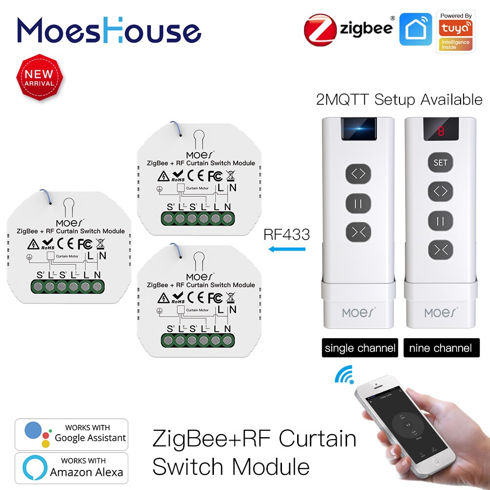 Moeshouse Zigbee Smart RF433 Gordijn Switch Module Voor Gemotoriseerde Rolluik Jaloezieën Motor 2Mqtt Smart Leven App Alexa Google