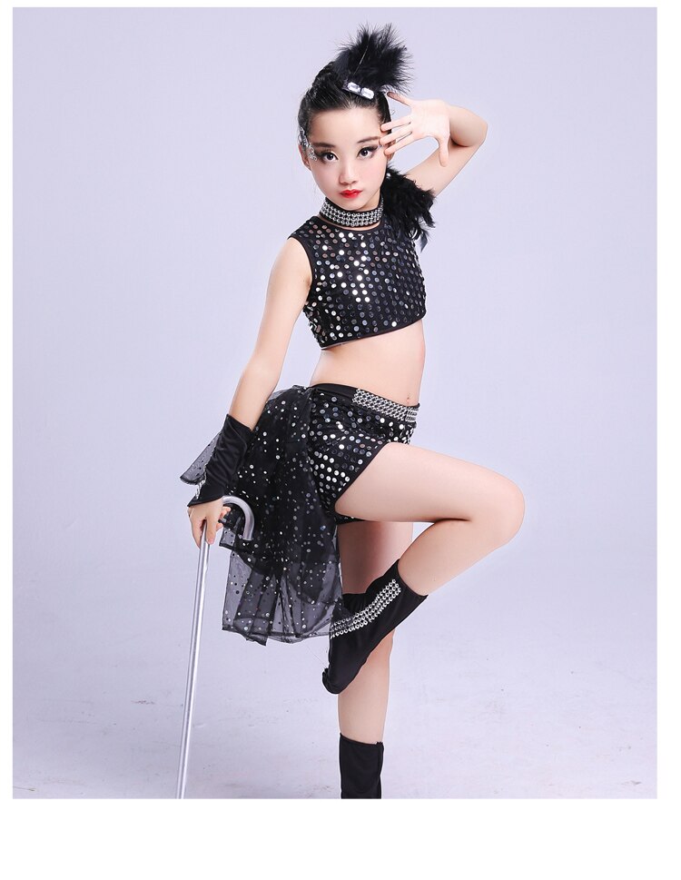 Trajes de baile de Jazz para niña, Ropa de baile para niña de Hip Hop, lentejuelas puesta en escena, trajes de Hip Hop negro