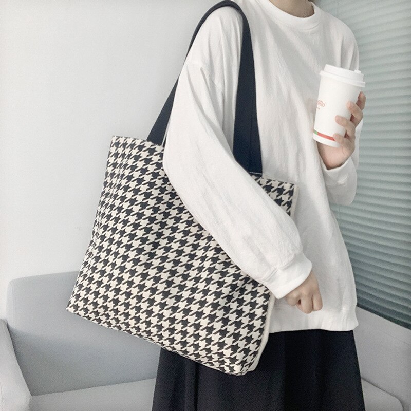 Houndstooth Patroon Vrouwen Canvas Boodschappentassen Retro Alle-Wedstrijd Dames Grote Schoudertas Eenvoudige Vrouwelijke Dagelijkse Toevallige Tote Handtas