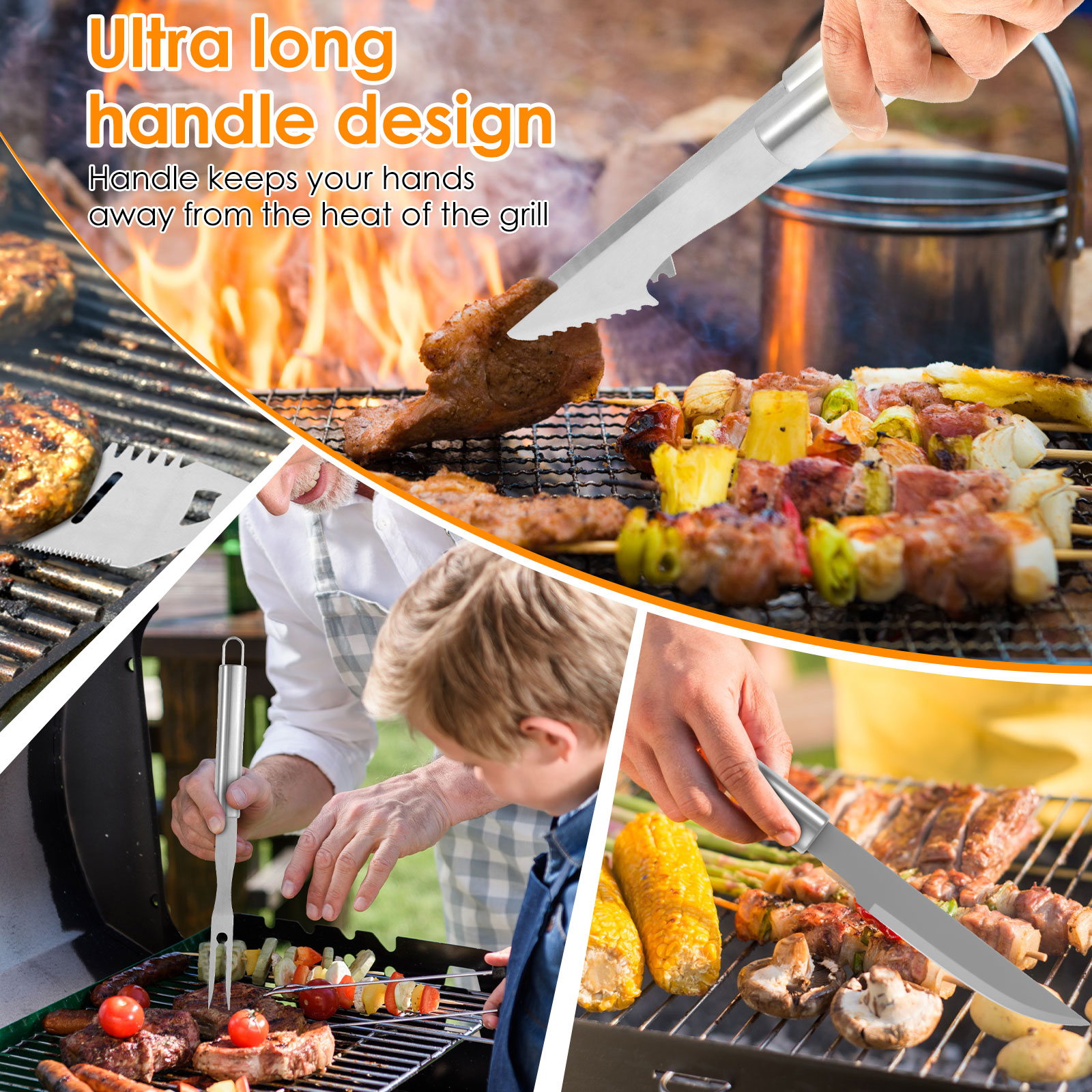 6Pcs Grill Tools Set Stainless Steel Grilling Accessories Kit Insulated BBQ Tool Set with Ergonomic Extended Handle for BBQ