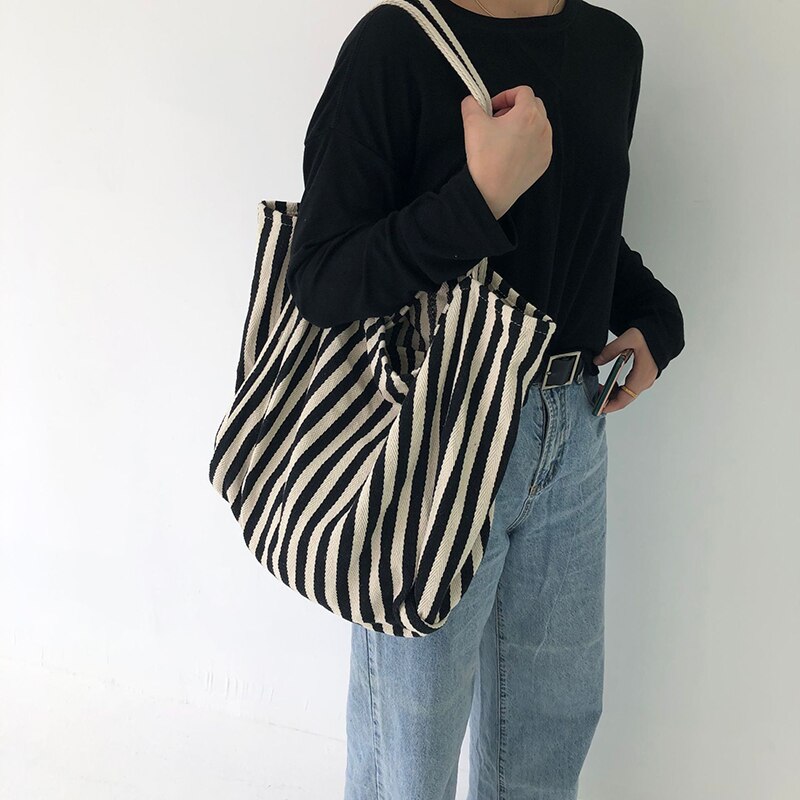 Bag Female Spring and Summer Large Capacity Canvas Bag Pinstripe Shoulder Bag Shopping Bag Bolsas De Mujer
