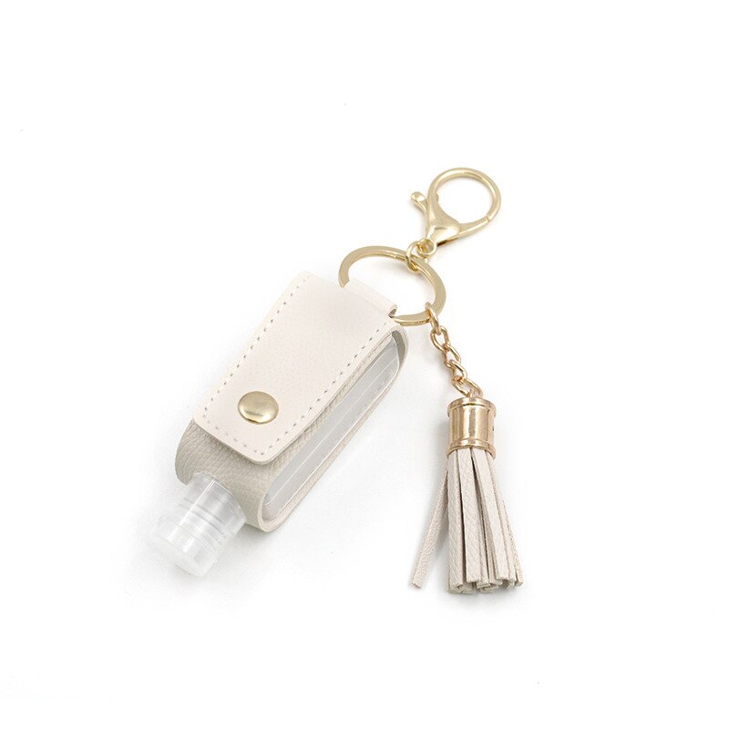 30ml Hand Sanitizer Holder Plastic Travel Bottle Refillable Container Reusable Bottle with Tassel Leather Keychain Carrier: white