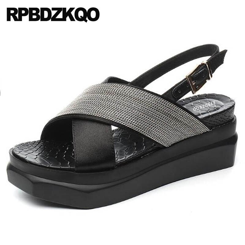 Women Wedge Platform Sandals Flatform Strap Black Summer High Heels Slingback Pumps Glitter Open Toe Korean Shoes Ladies