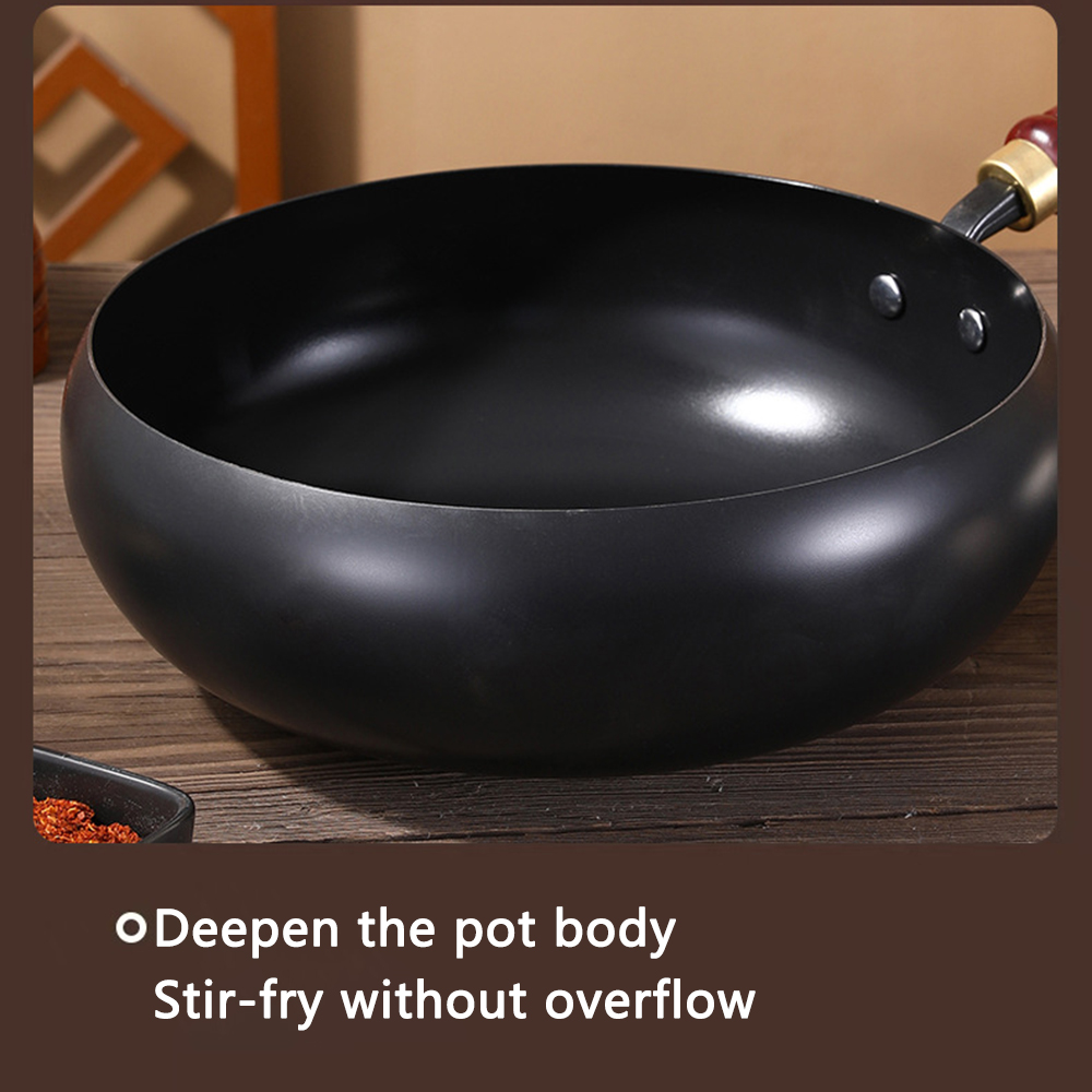 24cm/28cm Uncoated Pot Non - stick Wok Hand-made Iron Pot with Wooden Lid Cooking Pan for Induction Electric Gas All Stoves: YELLOW