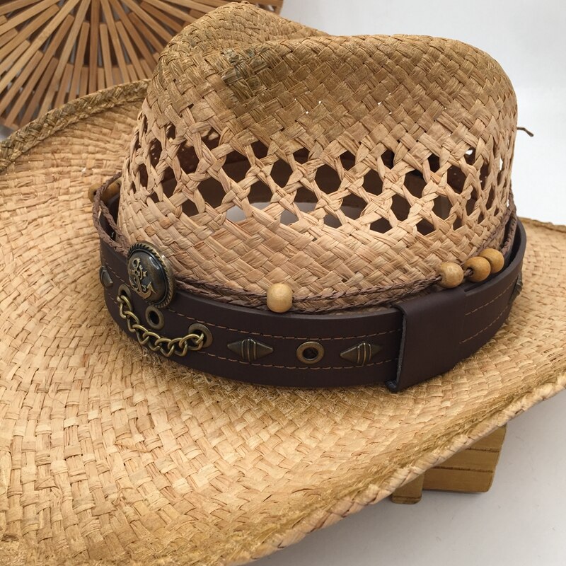 Natural Straw Cowboy Hat Women Men Handmade Weave Punk Cowboy Hats For Lady Tassel Summer Western Sombrero Hombre Lifeguard Hats