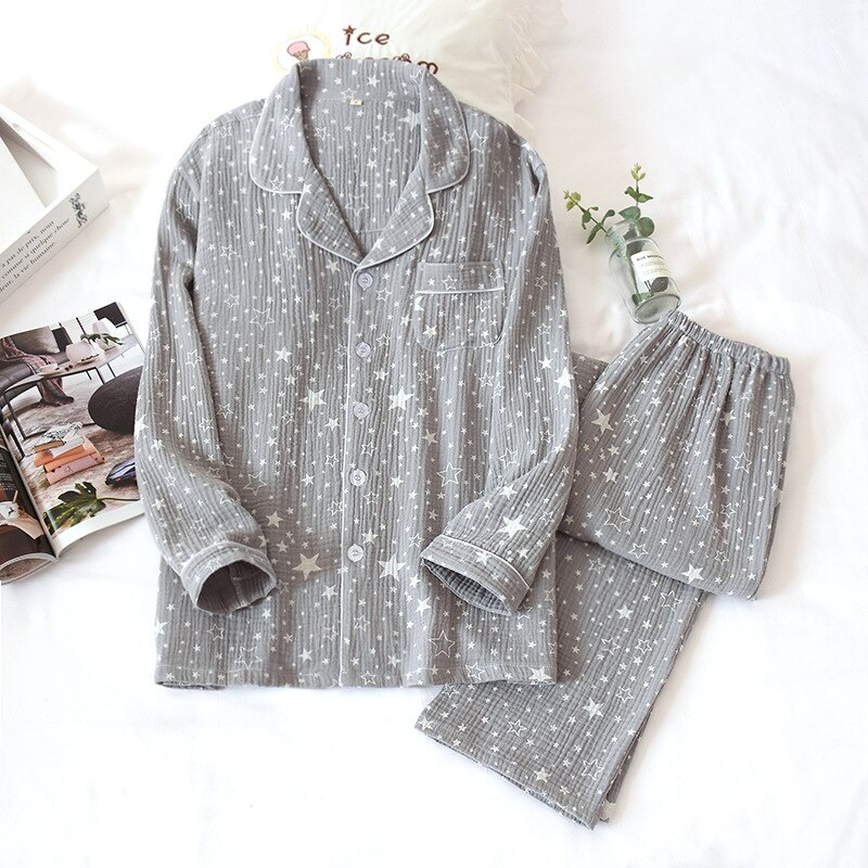 Spring Japanese pajamas sets men sleepwear 100% crepe cotton simple Starry sky casual male long sleeve pyjamas: ZB Starry sky Grey / XL 80-92kg