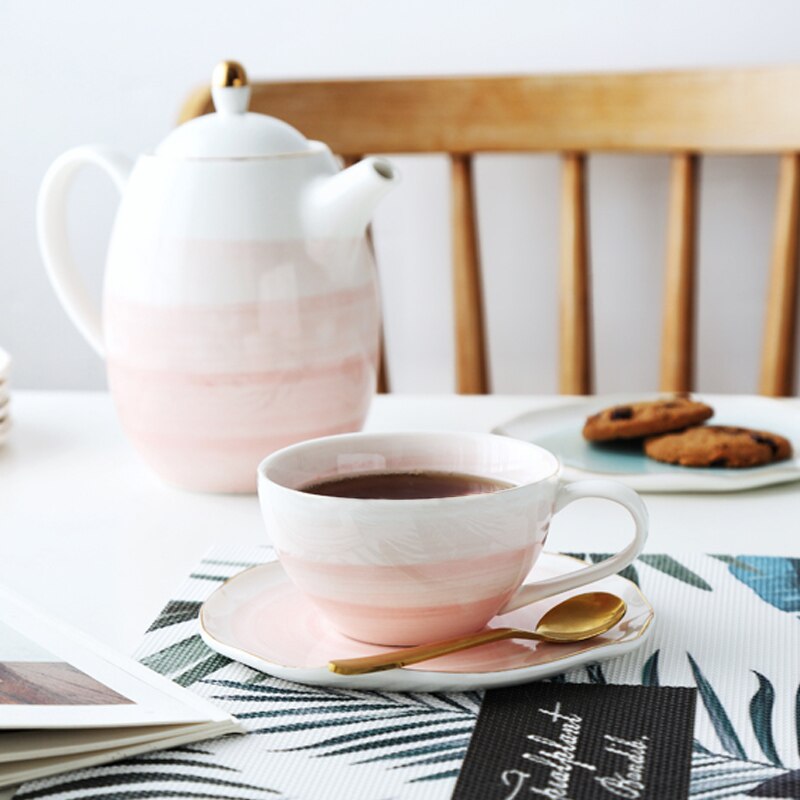 Ceramic Pink Tea Cup and Saucer Porcelain Coffee Cup Set Drinkware One Person Set