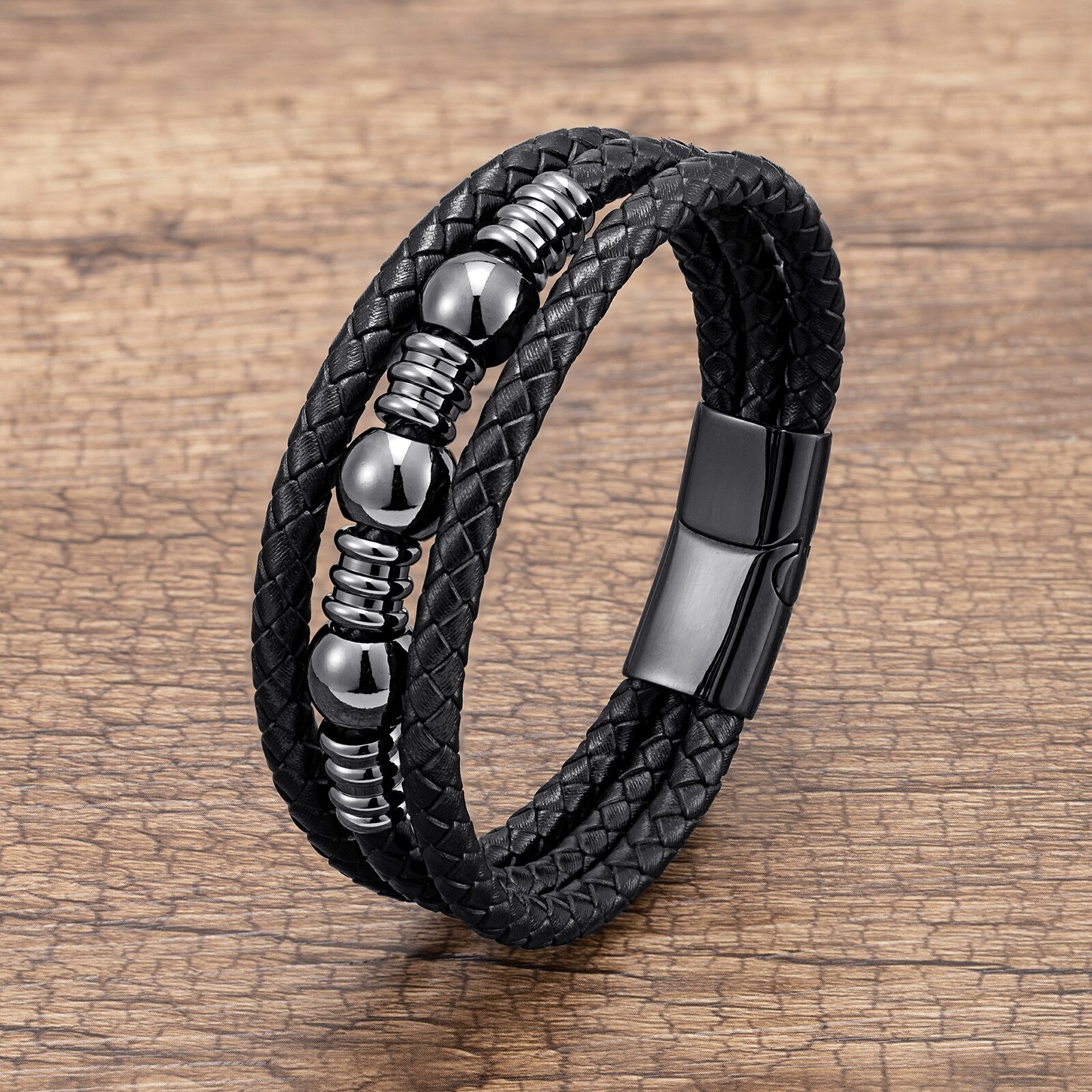 Hot Trend ręcznie tkane bransoletki ze skóry mężczyzn klasyczny Design koralik ze stali nierdzewnej bransoletka dla mężczyzn biżuteria prezent: Black Metal / 19cm