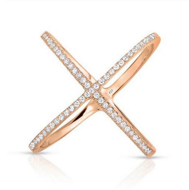 rhodium rose gold authentic 925 sterling silver wide band X ring micro pave zircon criss cross ring for women