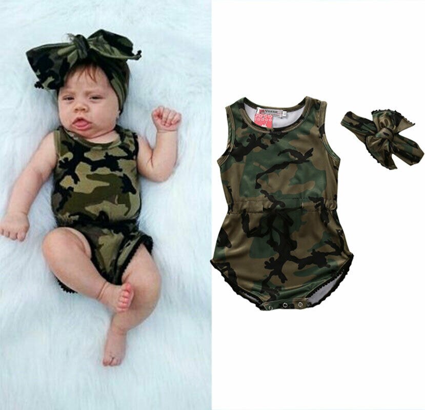 0-24M Schattige Baby Baby Meisjes Jongens Camo Jumpsuit Hoofdband Mouwloze Print Bodysuits Outfits Kleding
