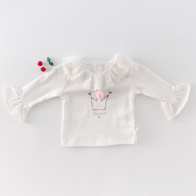 Spring Autumn lace collar flare sleeve T shirts for baby girls pure cotton letters printed Tees: 6M