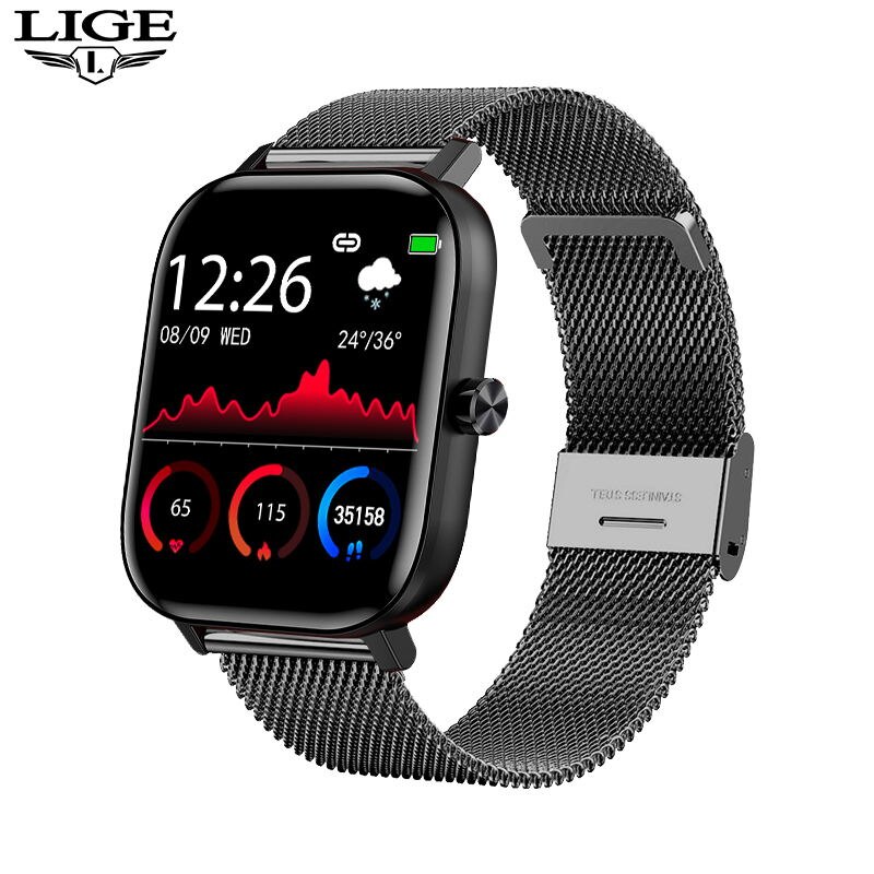 LIGE Men Smart Watch Wristband Men Women Sport Clock Heart Rate Monitor Sleep Monitor Bluetooth Call Smartwatch for phone: Mesh belt black
