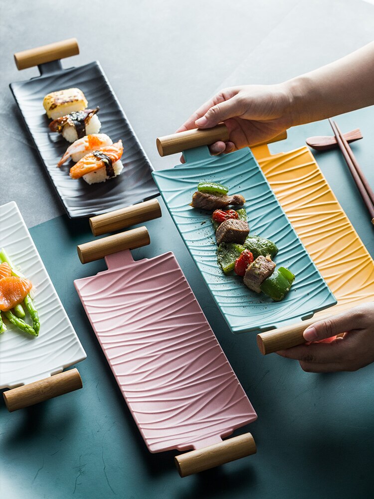 Nordic Ceramic Rectangular Sushi Long Plate Dessert Cake Snack Salmon Roast Meat Chicken Wings Plate With Handle Dinnerware