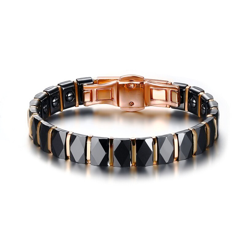 Men Stainless Steel 2-Tone Ceramic Therapy Bracelet for Male Female Unisex Trendy Jewelry Black Rose Gold-color 19cm: Default Title