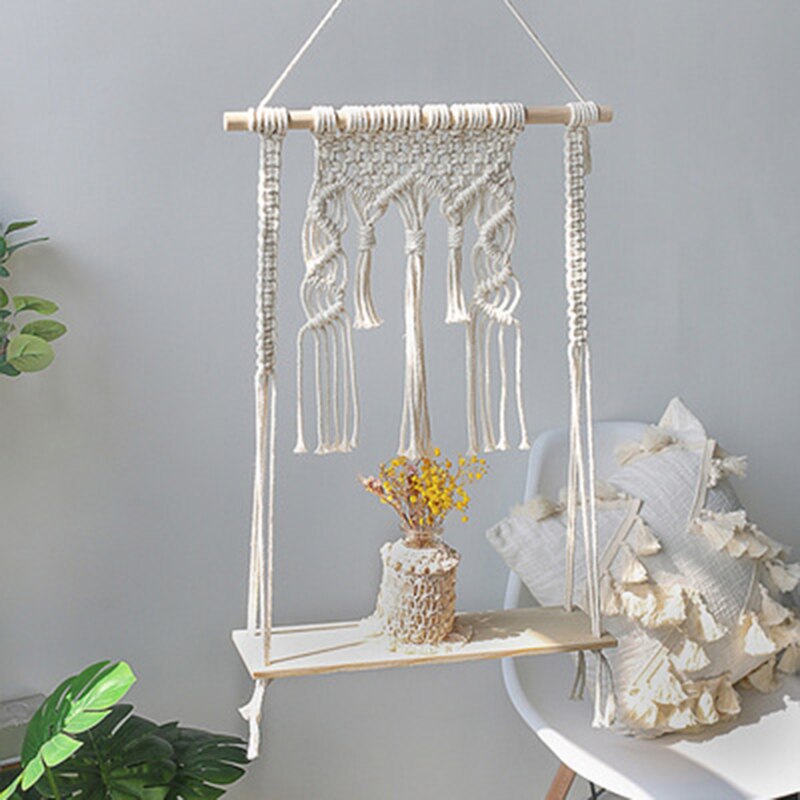 Estantes de macramé para dormitorio y plantas, decoración de Navidad Bohemia, estante de pared de madera, soporte de vela flotante, , decoración del hogar