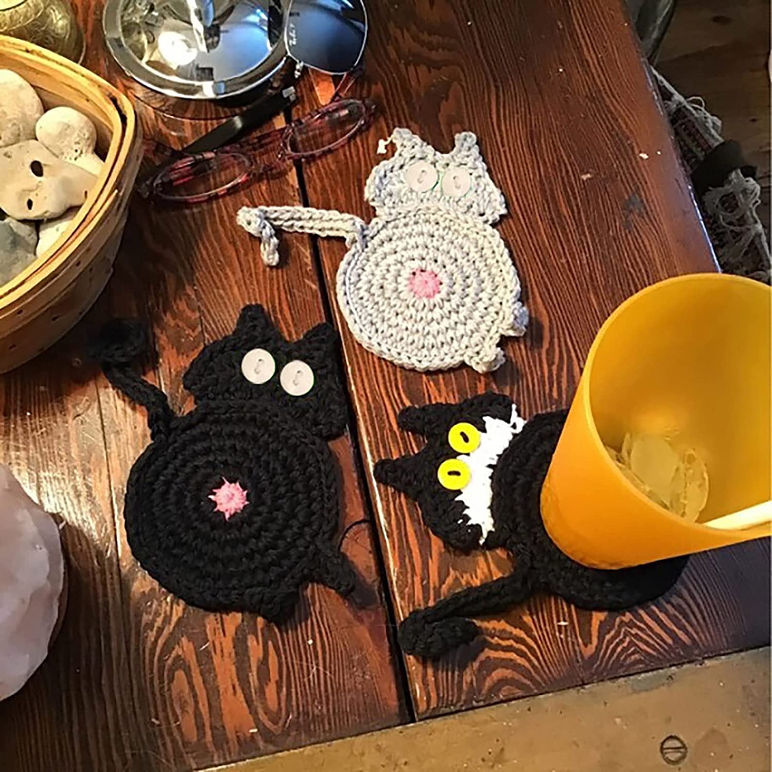 Cat Butt Coasters Cute Animals Shape Cup Mat Handmade Crochet Kitchen Home Office Bar Table Funny Decor Perfect Cat Lover