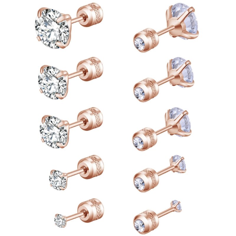 5 Pairs Rvs Cubic Zirconia Stud Oorbellen Set Voor Hypoallergeen Multi-Piercing Oren Van Mannen Vrouwen Jongens Meisjes: Rose Gold