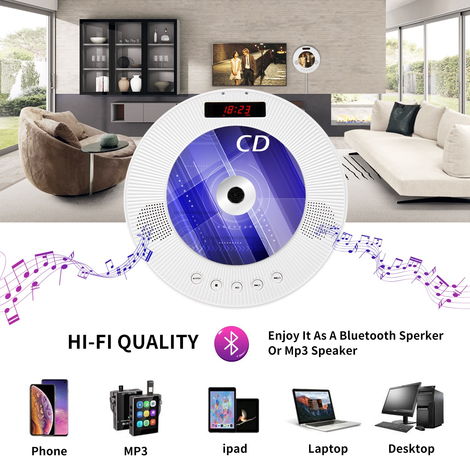 Upgraded Wall Mounted DVD Player Surround Sound CD Player Hifi FM Radio Bluetooth Portable Music Player with Remote Controller