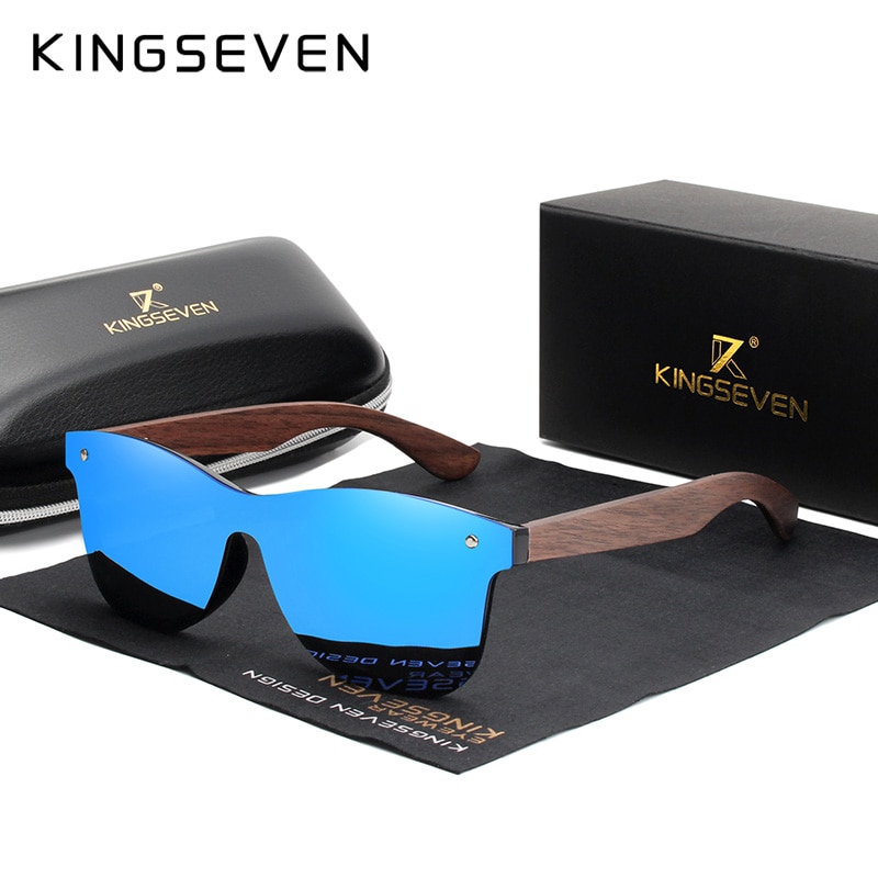 KINGSEVEN Luxury Walnut Wood Sunglasses Polarized Wooden Brand Rimless Mirrored Square Sun Glasses For Women/Men: blue walnut wood / With Wood Case