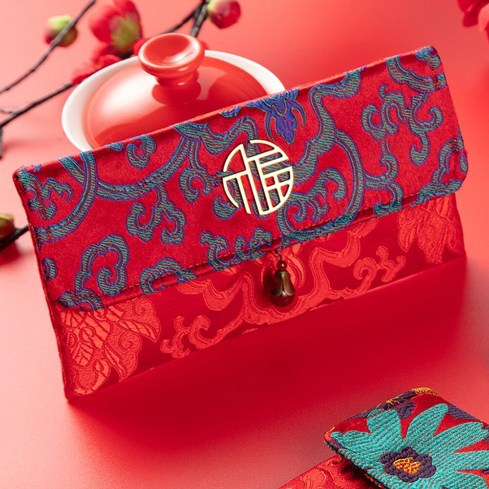 Portefeuille en soie rouge Style chinois , sac de bonne année avec boucle magnétique en Bronze, adapté au Festival du printemps