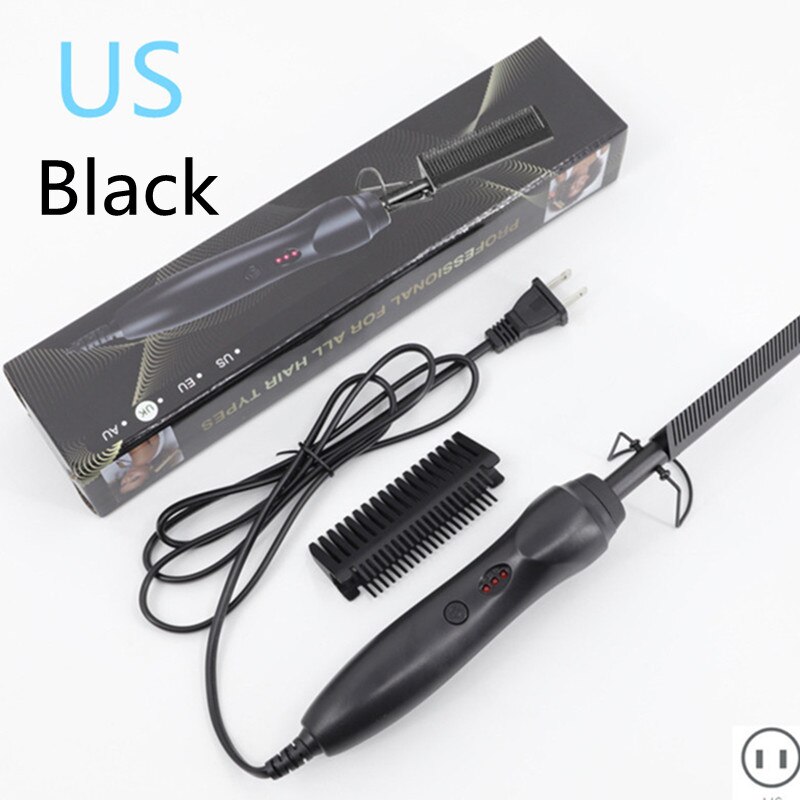 Plattång elektrisk lockig kam plattång borste snabbt kam hår rakt 2 in 1 korrugering lockar strykjärn: Oss svarta