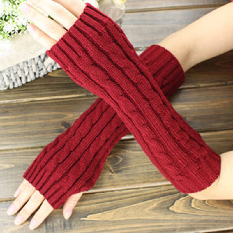 Guantes largos tejidos de lana de medio dedo para mujer bonitos guantes sin dedos: wine red