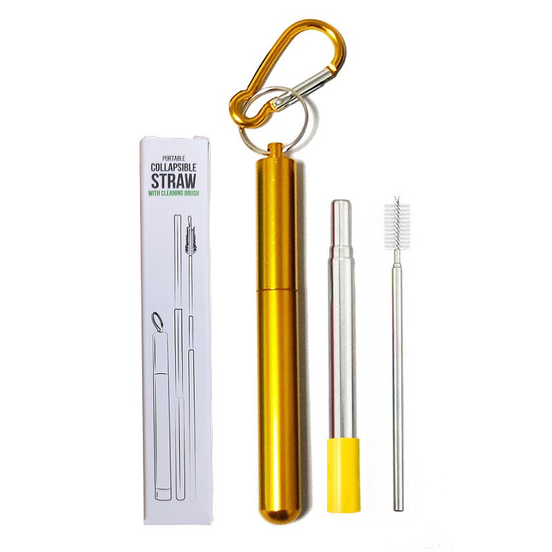 Telescopische Herbruikbare Rietjes Reinigingsborstel Metalen Stro Party Tool Draagbare Rvs Rietje Met Travel Case: YELLOW