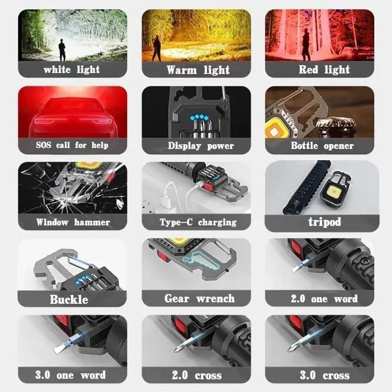 COB-Schlüsselanhänger, Arbeitsleuchte, Taschenlampe mit Batterieanzeige, wiederaufladbar, hohe Lumen, tragbares LED-Licht für Camping, Wandern, Laufen