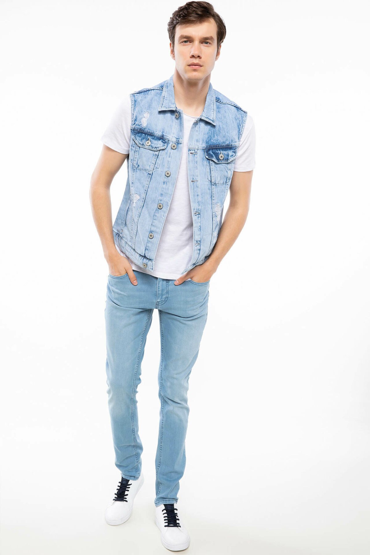 DeFacto hommes revers bleu Jean gilet veste mâle Denim Simple mince loisirs poches manteaux hommes Autumn-J0698AZ18AU