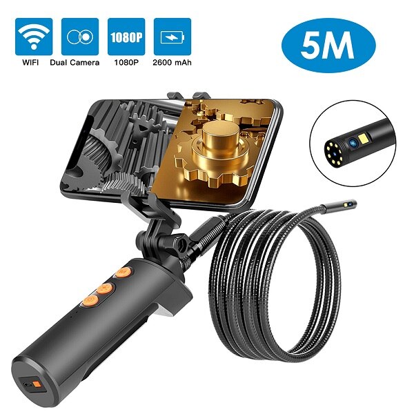 Wirelessly Connected Industrial Endoscopy Borescope 1 Meter Wire Inspection Double Camera Built-in 9pcs 5 Levels Brightness LEDs