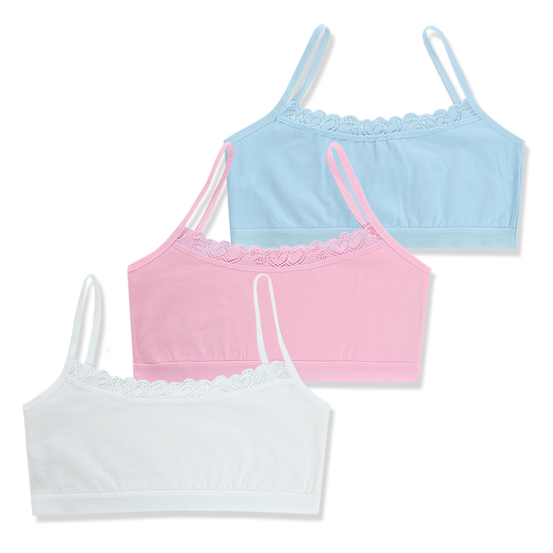 3pc Teenage Underwear Children Girls Cutton Lace Wireless Young Training Bra 8-14Years