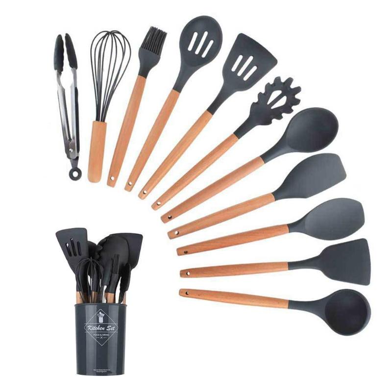 12 st silikon köksredskap köksredskap set värmebeständigt kök non-stick bakverktyg av trähandtag med förvaringslåda: Svart