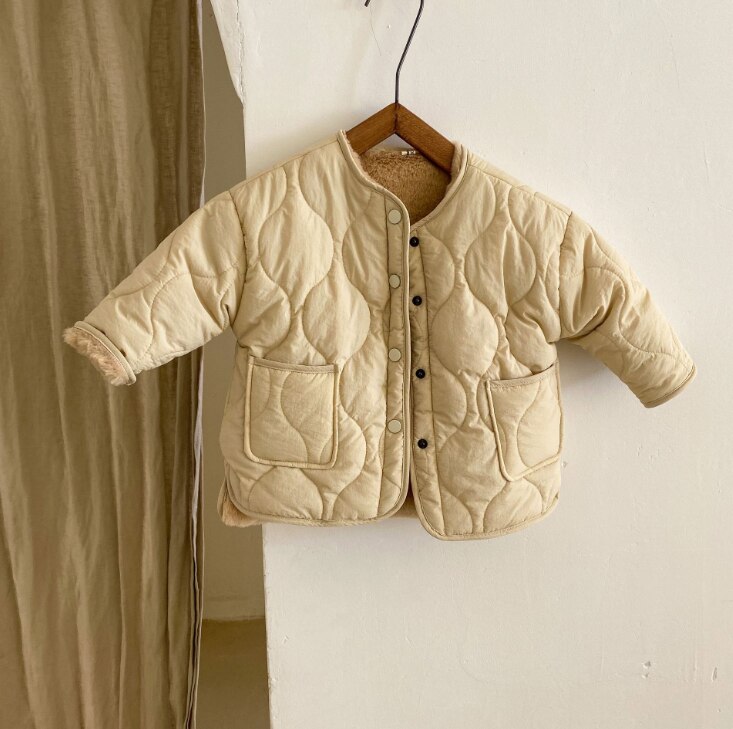 Japanese style Winter boys and girls soft rabbit hair lining jackets Kids children solid color reversible coats: beige / 4T