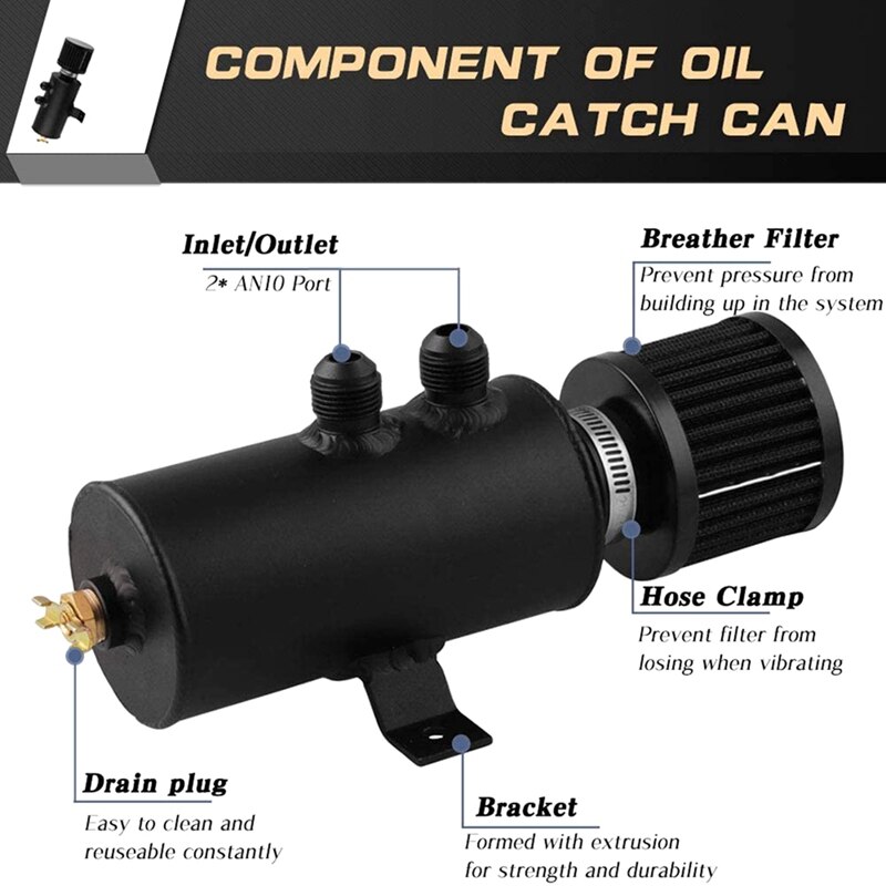 Universal 2-Port Aluminum Oil Catch Can with Drain Valve Breather Filter Compact Baffled Oil Catch Fuel Tank Part