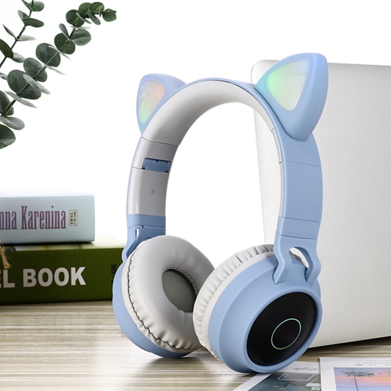 Cute Cat Bluetooth 5.0 Headset Wireless Hifi Music Stereo Bass Headphones LED Light Mobile Phones Girl Daughter Headset For PC: blue no box