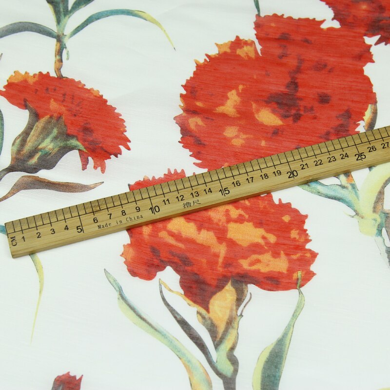 Red floral pattern print silk and linen blended fabric 13momme 55" width by yard,SLN072