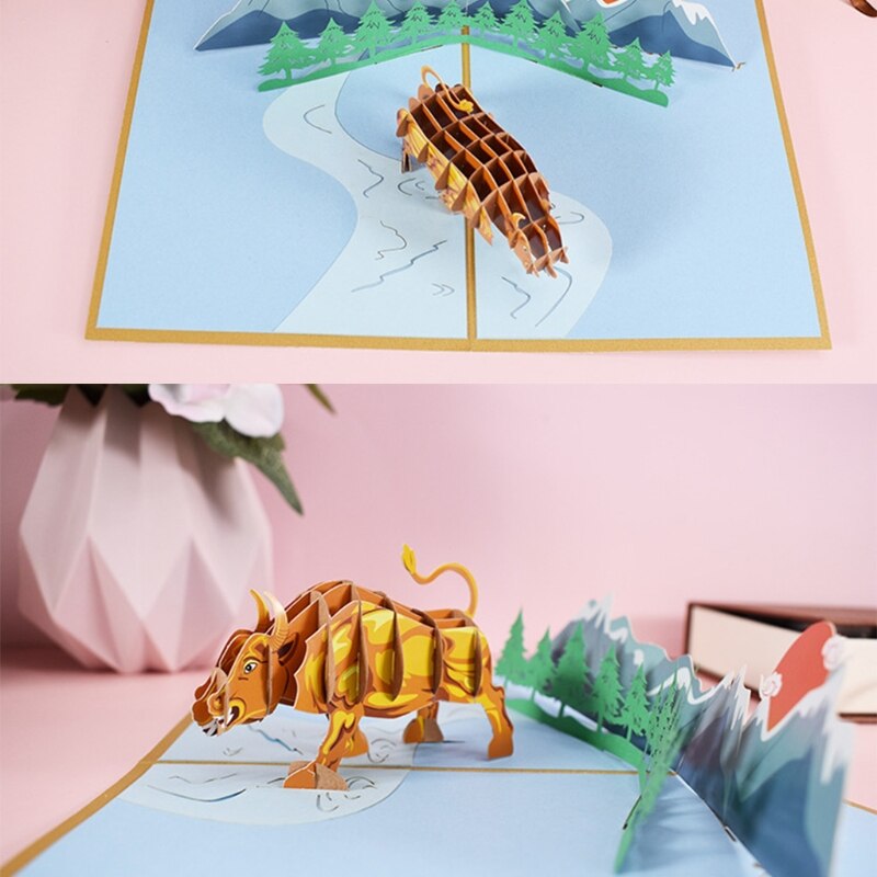 3D Pop-Up Animal Cattle Greeting Card Chinese Year Cow Postcard for Happy Birthday Kids Baby Shower with Envelope