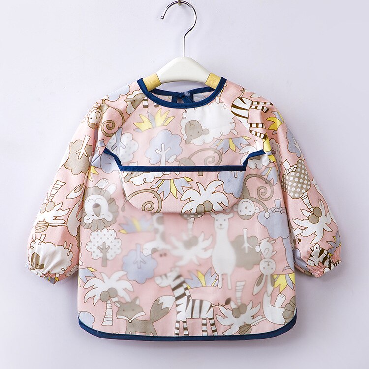 Enfant bébé Art Smock alimentation bavoir tablier poche imperméable chiffons manches longues avec receveur de nourriture: Pink zoo / 90cm